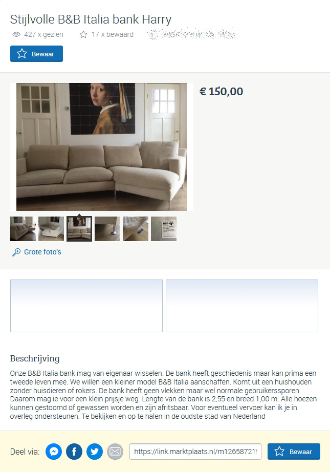 B&B Italia Harry Marktplaats-advertentie