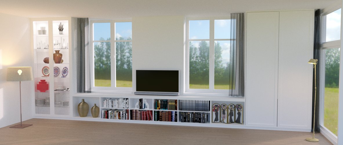Interieur tekeningen voor uw wandmeubel op maat met vitrine, boeken en TV