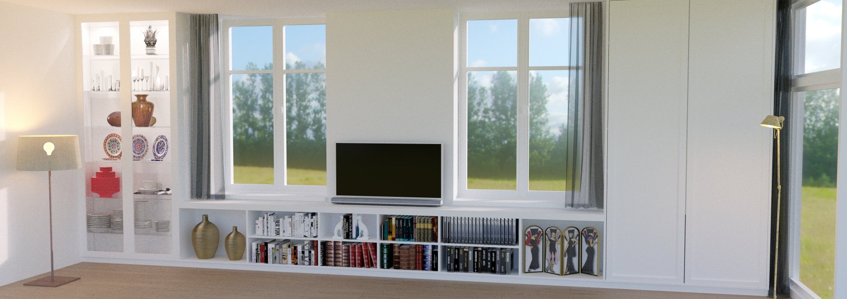Rendertekening voor een op maat gemaakt wandmeubel met een vitrinekast, een plek voor boeken en de TV.