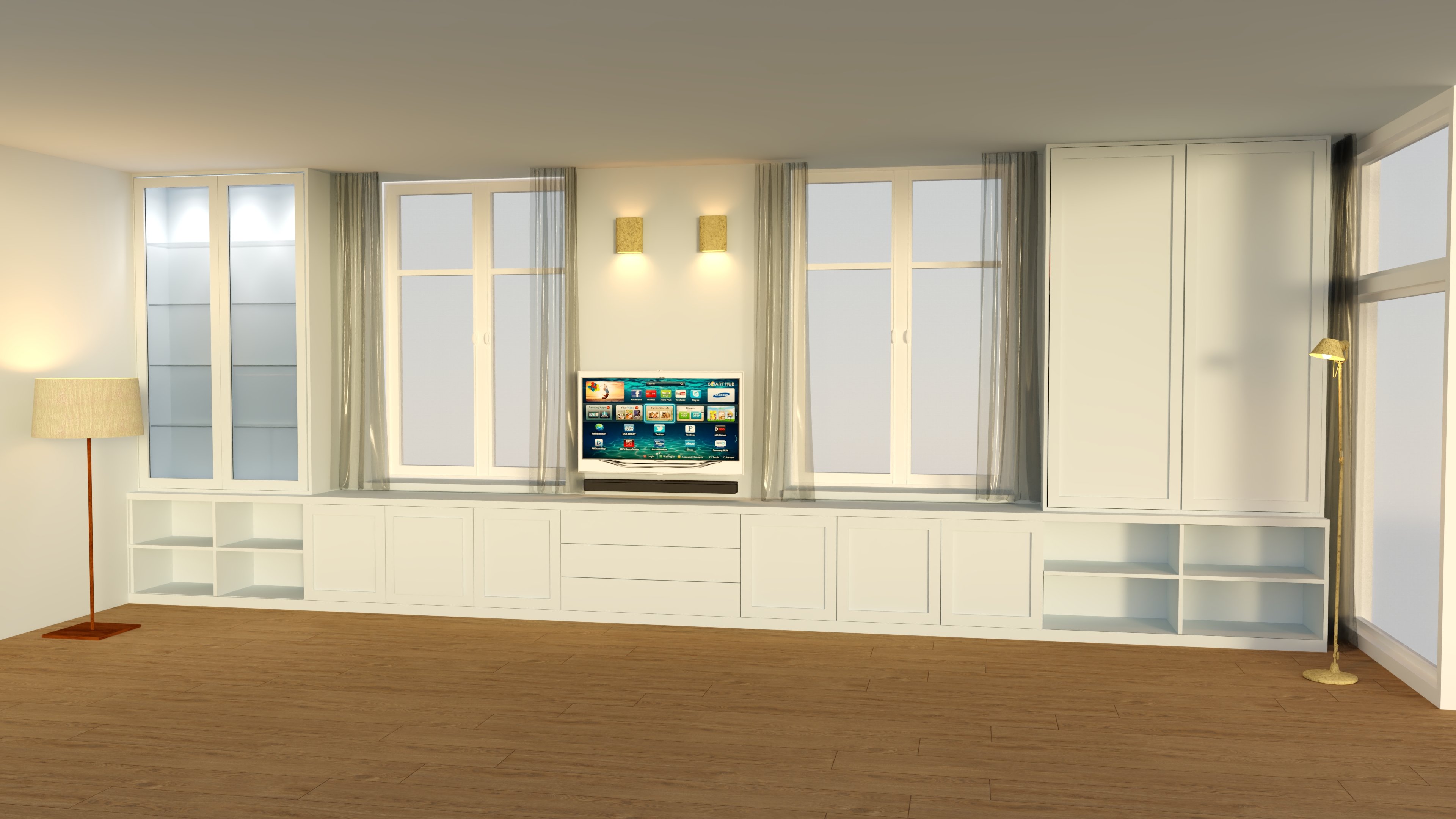 Interieur tekeningen voor uw wandmeubel op maat met vitrine, boeken en TV