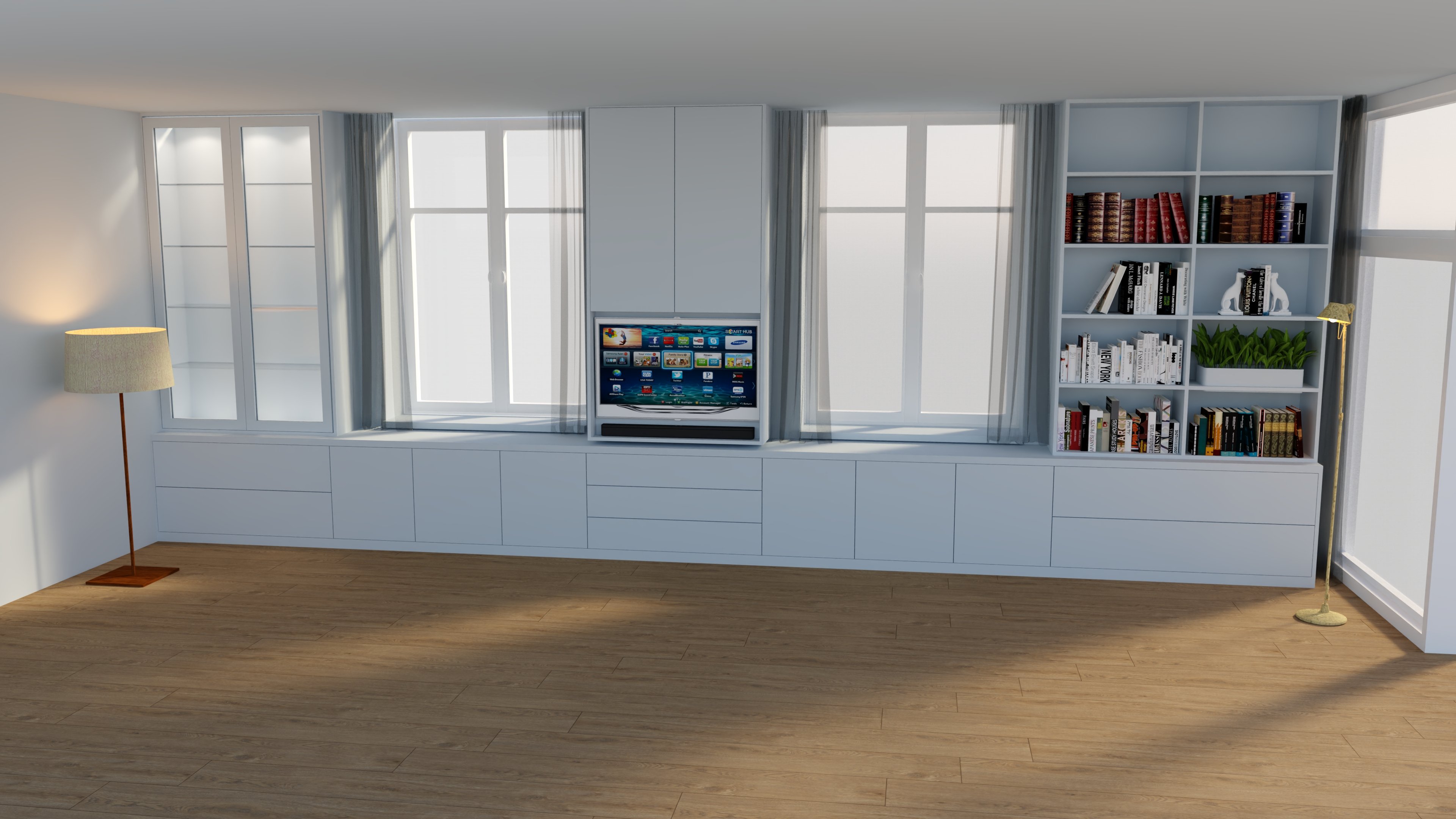 Interieur tekeningen voor uw wandmeubel op maat met vitrine, boeken en TV